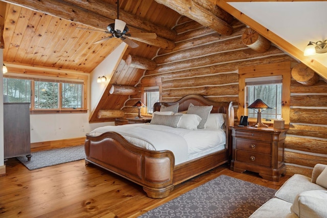 bedroom featuring lofted ceiling with beams, hardwood / wood-style floors, and wood ceiling