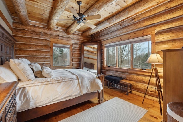 bedroom with beamed ceiling, wooden ceiling, and light hardwood / wood-style flooring