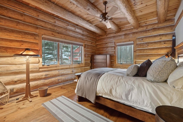 bedroom with hardwood / wood-style floors, wooden ceiling, and beamed ceiling