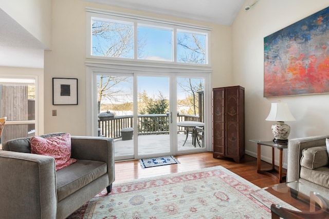 sitting room with hardwood / wood-style flooring and high vaulted ceiling