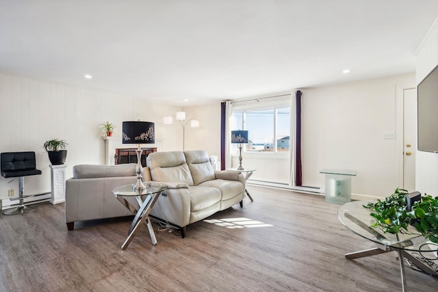 living room featuring a baseboard radiator and hardwood / wood-style floors