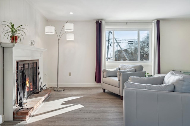 living room featuring crown molding and light hardwood / wood-style flooring