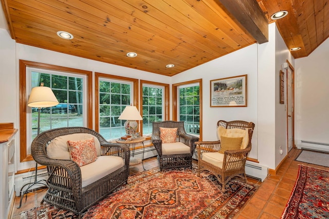 sitting room featuring lofted ceiling, tile patterned flooring, wooden ceiling, and baseboard heating