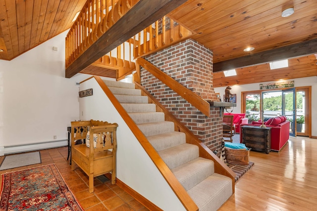 stairs with beam ceiling, wood ceiling, a baseboard radiator, and hardwood / wood-style flooring