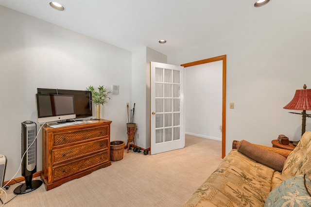 living room with light colored carpet