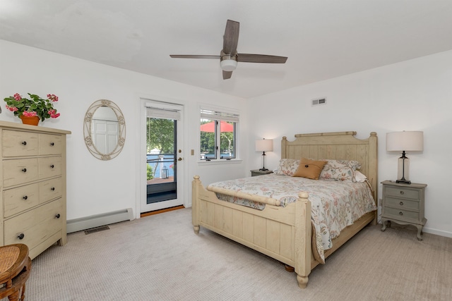 bedroom with access to exterior, light colored carpet, ceiling fan, and baseboard heating