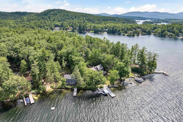 drone / aerial view featuring a water and mountain view