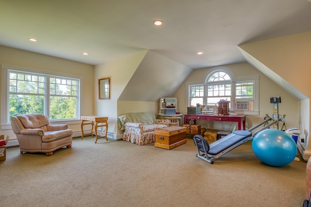 exercise area with vaulted ceiling, a baseboard radiator, and carpet floors