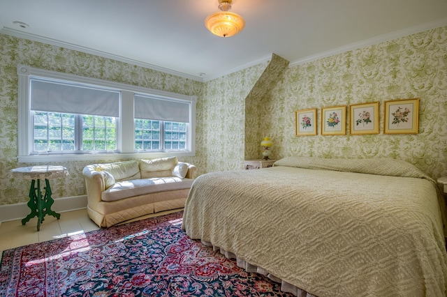 tiled bedroom featuring ornamental molding