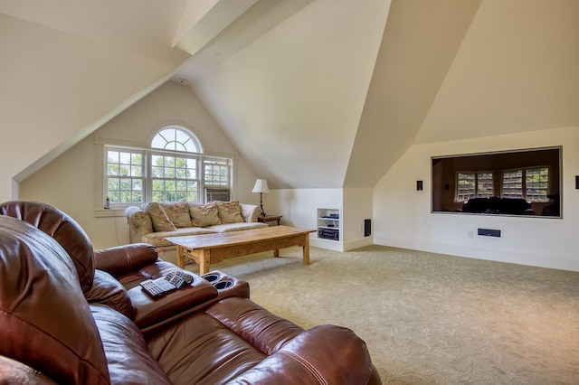 carpeted living room featuring vaulted ceiling