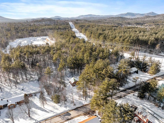 snowy aerial view with a mountain view