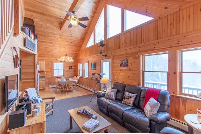 living room featuring ceiling fan with notable chandelier, wooden walls, hardwood / wood-style flooring, wood ceiling, and baseboard heating