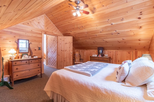 bedroom with lofted ceiling, wooden ceiling, carpet, and wood walls