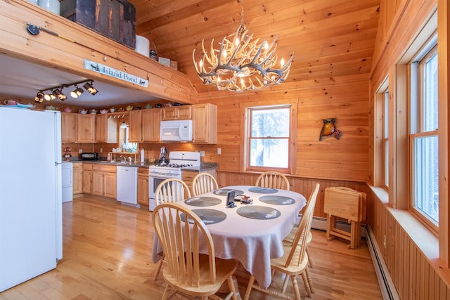 dining area featuring wooden walls, lofted ceiling, wood ceiling, light hardwood / wood-style floors, and an inviting chandelier