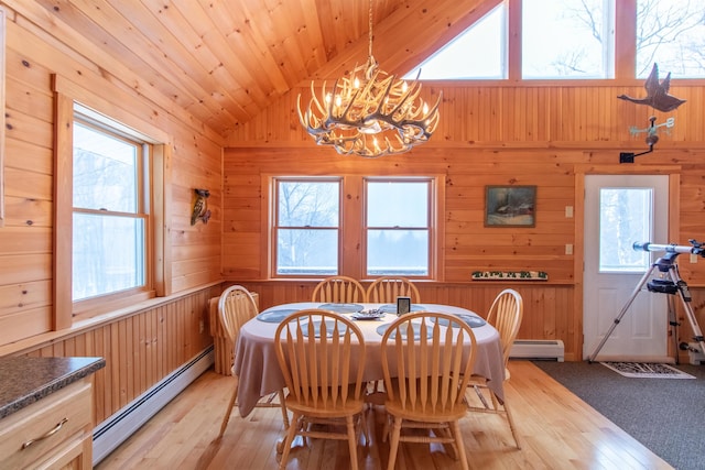 dining room featuring lofted ceiling, a baseboard radiator, wood walls, and light hardwood / wood-style flooring