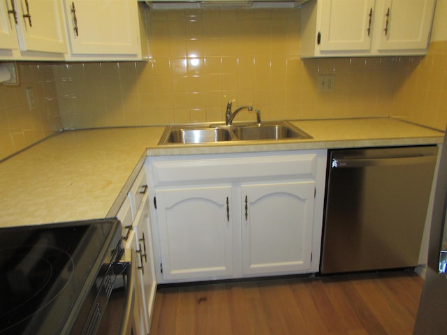 kitchen with sink, white cabinetry, black electric range, dark hardwood / wood-style floors, and dishwasher