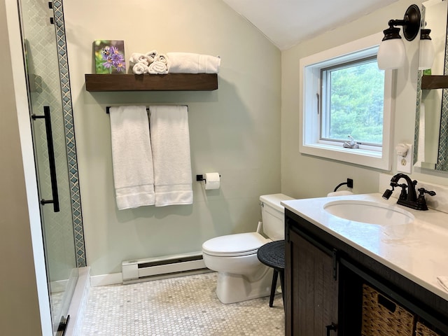 bathroom with vaulted ceiling, vanity, a baseboard radiator, a shower with shower door, and toilet