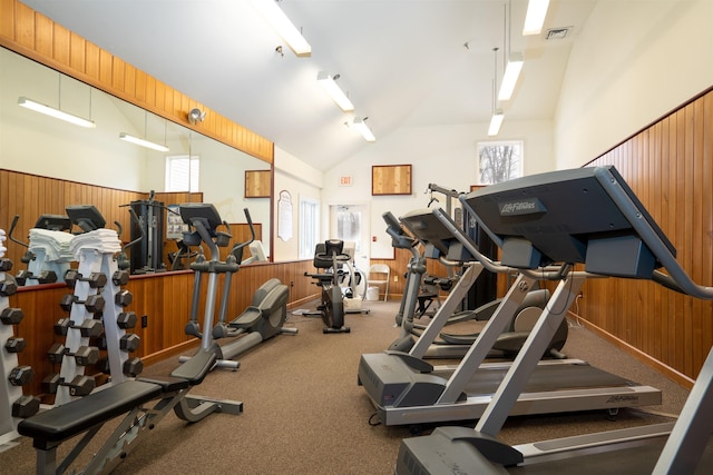 gym with wooden walls and high vaulted ceiling