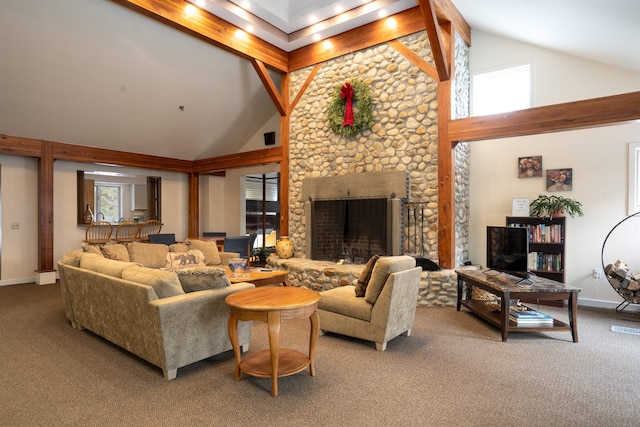 living room with beamed ceiling, high vaulted ceiling, carpet flooring, and a fireplace