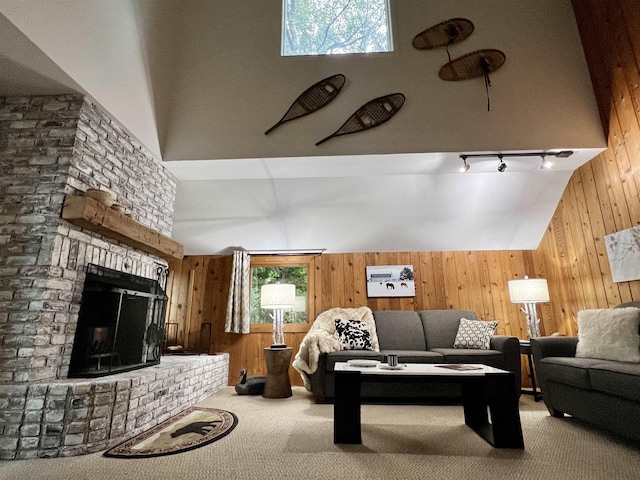 living room featuring rail lighting, carpet floors, wooden walls, and a fireplace