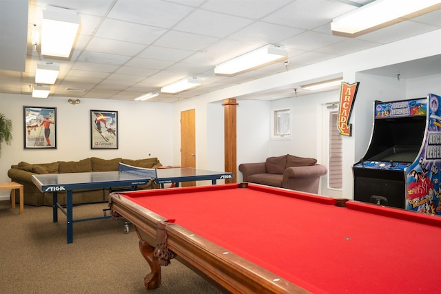 playroom featuring pool table, a paneled ceiling, and carpet