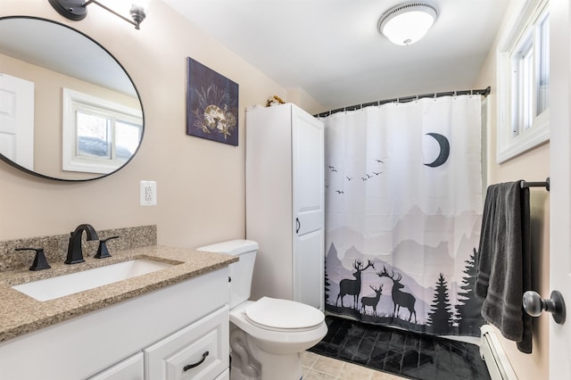 bathroom with walk in shower, toilet, vanity, tile patterned flooring, and a baseboard heating unit