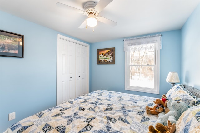 bedroom featuring a closet and ceiling fan