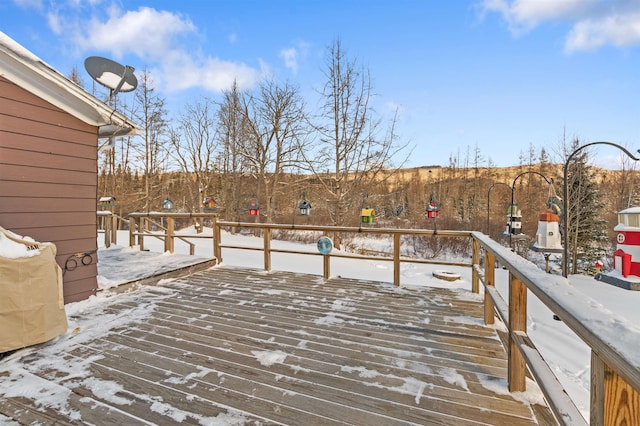 view of snow covered deck