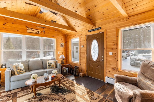 living room with plenty of natural light, a baseboard heating unit, dark wood-type flooring, and wooden walls