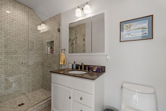 bathroom with vanity, lofted ceiling, toilet, and a shower with shower door