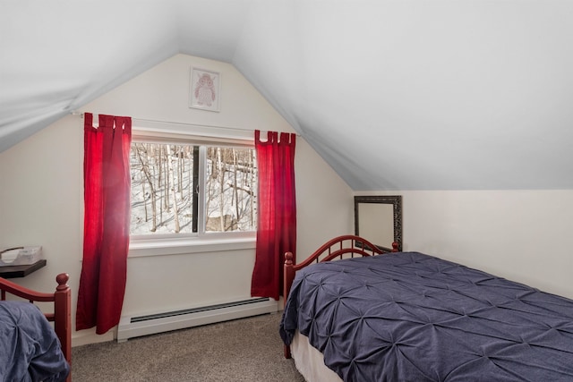 bedroom featuring carpet floors, lofted ceiling, and a baseboard heating unit