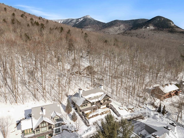 snowy aerial view featuring a mountain view