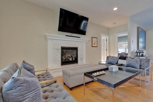 living room with hardwood / wood-style flooring and a high end fireplace