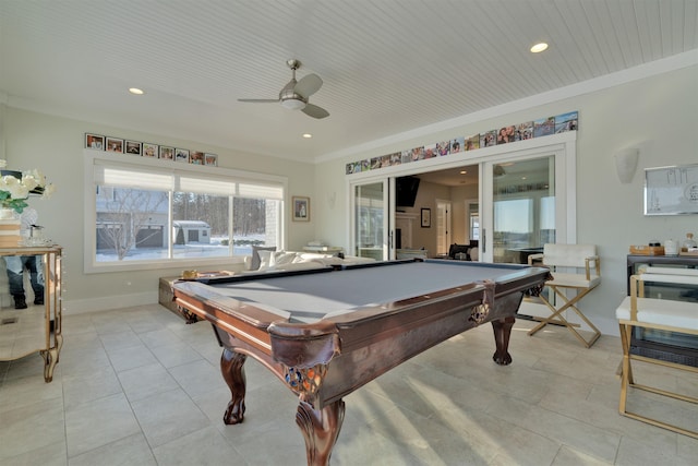 playroom with light tile patterned floors, crown molding, pool table, and ceiling fan