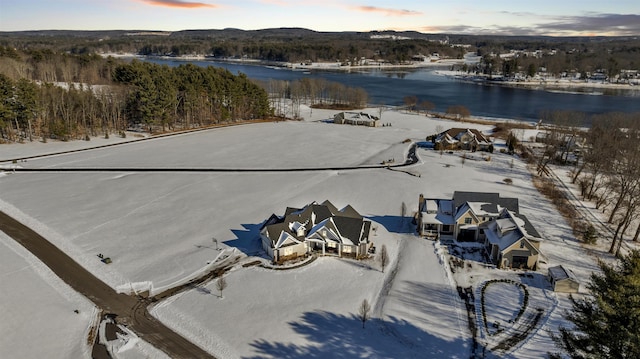 snowy aerial view featuring a water view