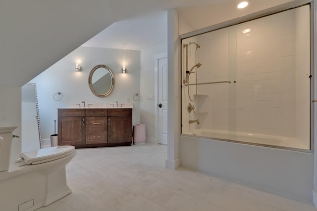 full bathroom with vanity, lofted ceiling, toilet, and combined bath / shower with glass door