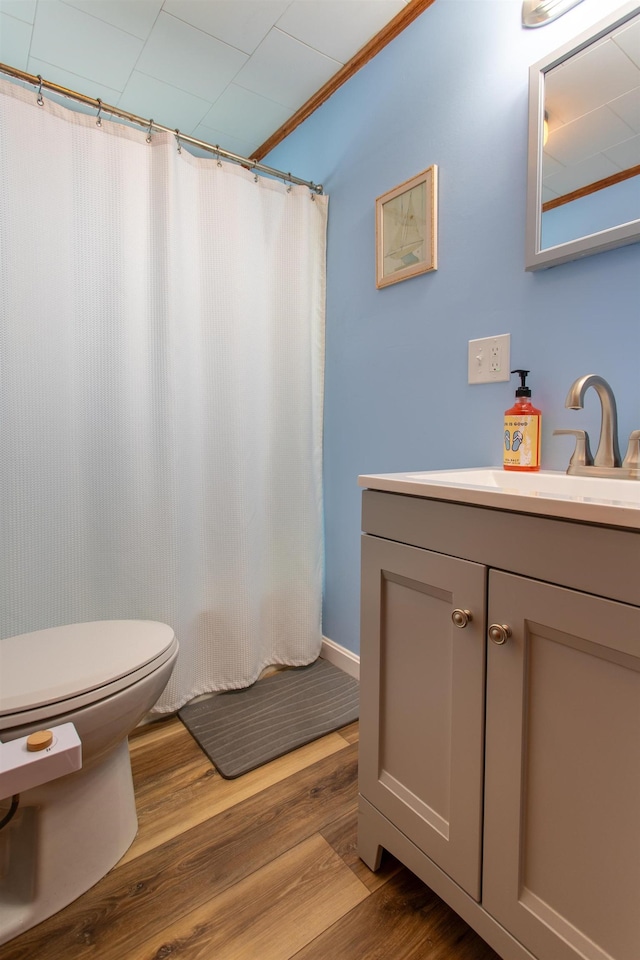 bathroom featuring hardwood / wood-style flooring, vanity, a shower with shower curtain, and toilet