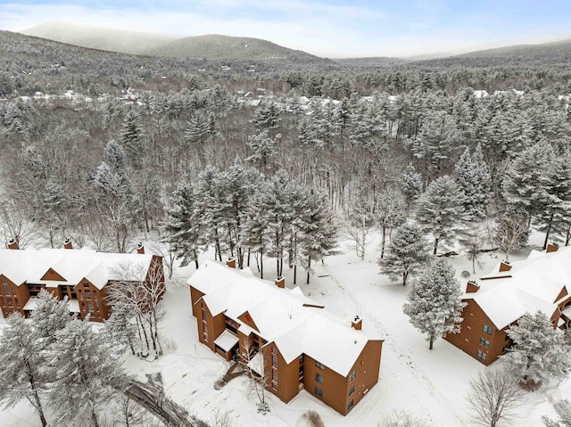 snowy aerial view with a mountain view