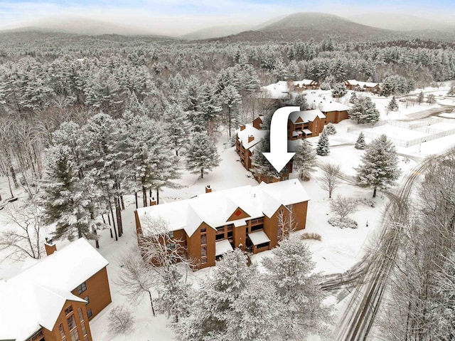 snowy aerial view with a mountain view