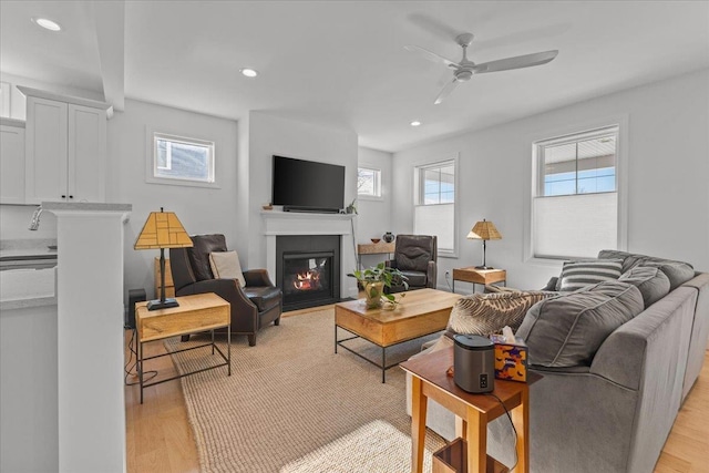 living room with ceiling fan, a wealth of natural light, and light wood-type flooring