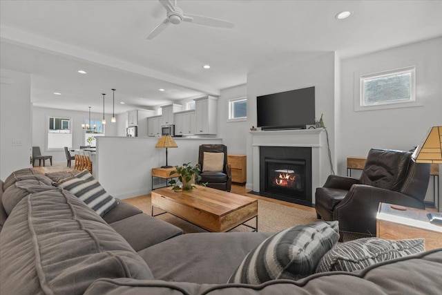 living room with ceiling fan