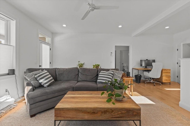 living room featuring ceiling fan, beamed ceiling, light hardwood / wood-style floors, and a healthy amount of sunlight