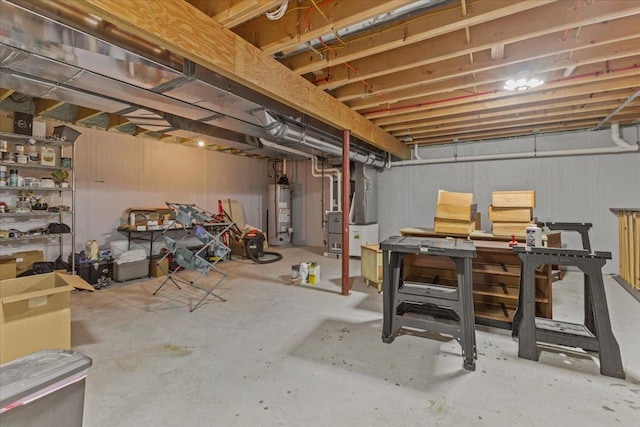 basement with heating unit and water heater