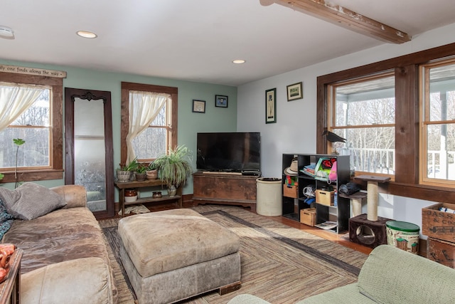 living room featuring beam ceiling, a healthy amount of sunlight, and light wood-type flooring