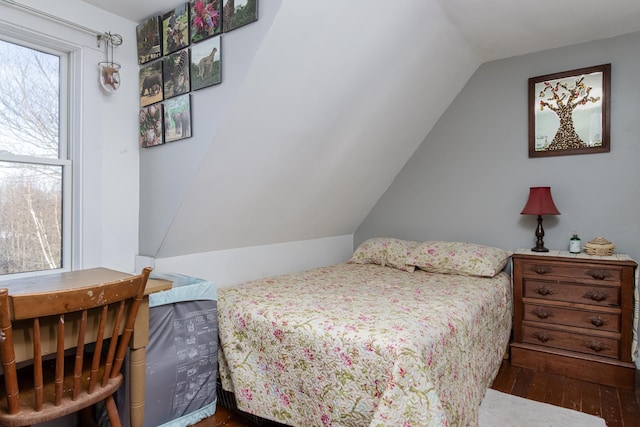 bedroom with lofted ceiling and wood-type flooring