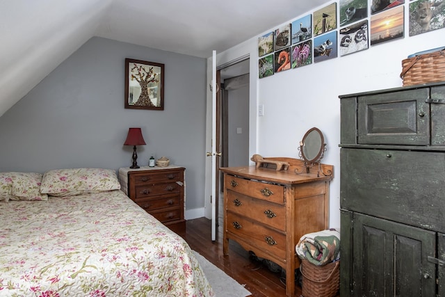 bedroom with lofted ceiling and dark hardwood / wood-style floors