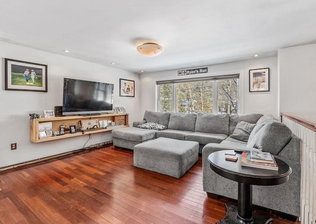 living room with dark hardwood / wood-style flooring