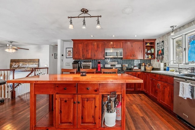 kitchen with butcher block countertops, sink, stainless steel appliances, dark hardwood / wood-style flooring, and decorative backsplash