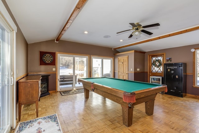 rec room with ceiling fan, pool table, lofted ceiling with beams, and light parquet floors