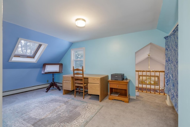 office space with a baseboard radiator, lofted ceiling with skylight, and light colored carpet